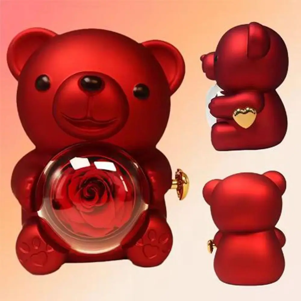 Plastic Rotating Hugging Bear Jewelry Box Romantic Cute Rose Bear Gifts Box with Soap Rose Jewelry Display Jewelry Display Box