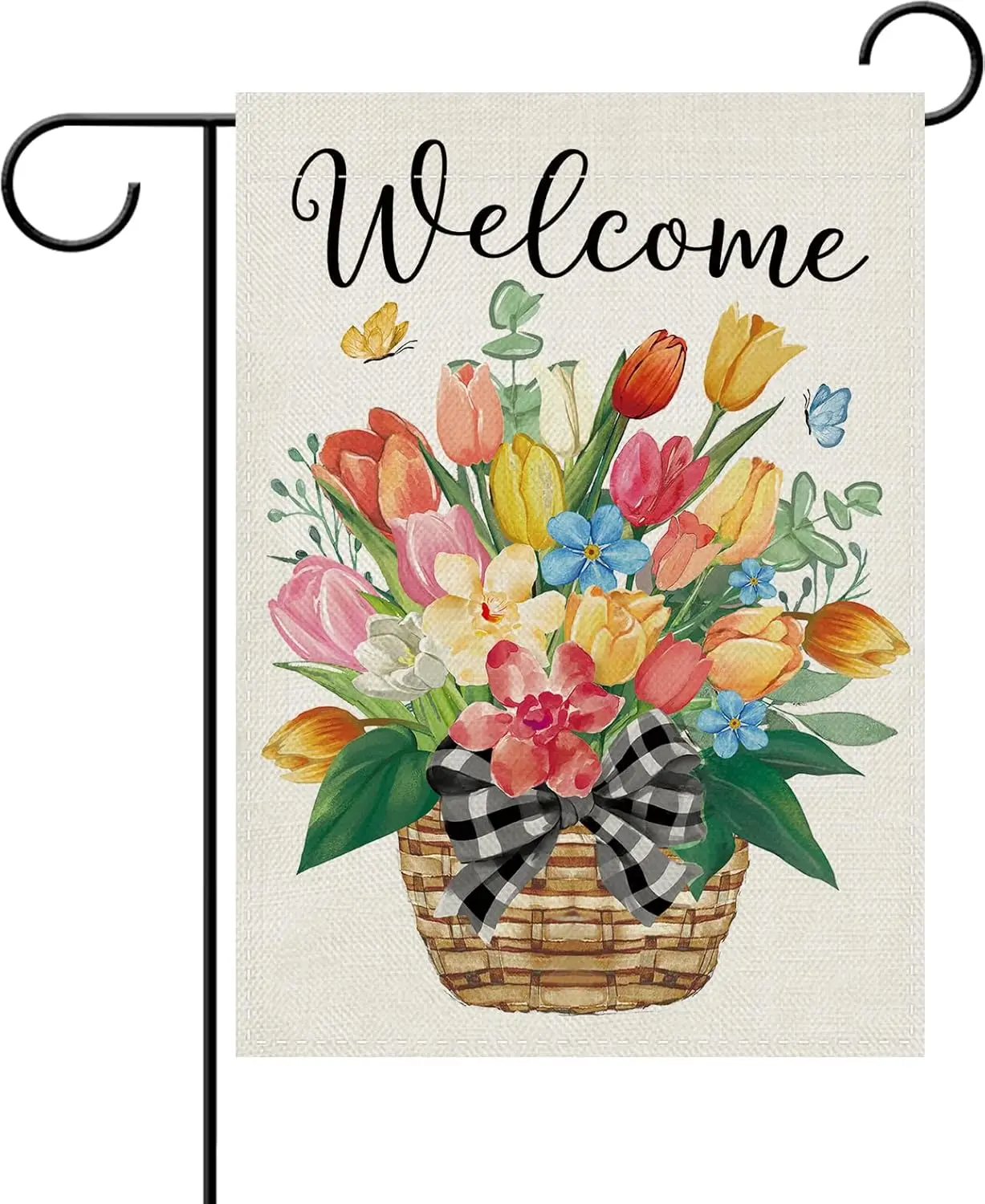 Dyrenson Welcome Spring Tulip Flower Decorative Garden Flag, Floral Basket Butterfly Botanical Yard Outside Home Decoration, PPM