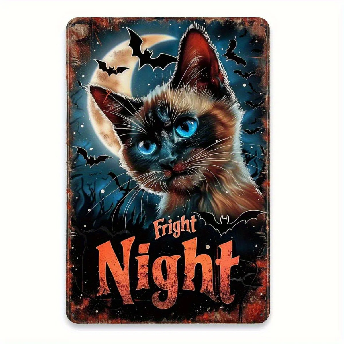 Vintage Halloween Cat Metal Tin Sign - Spooky Black & Orange Retro Decor with Bats - Heavy-Duty Iron Wall Art Poster for Home, O