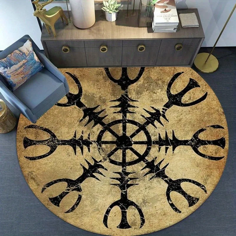 Tapis rond vintage effet vieilli avec symbole viking Aegishjalmur Helm of Awe, tapis de sol doux et antidérapant pour salon, chambre à coucher, chambre d'enfant