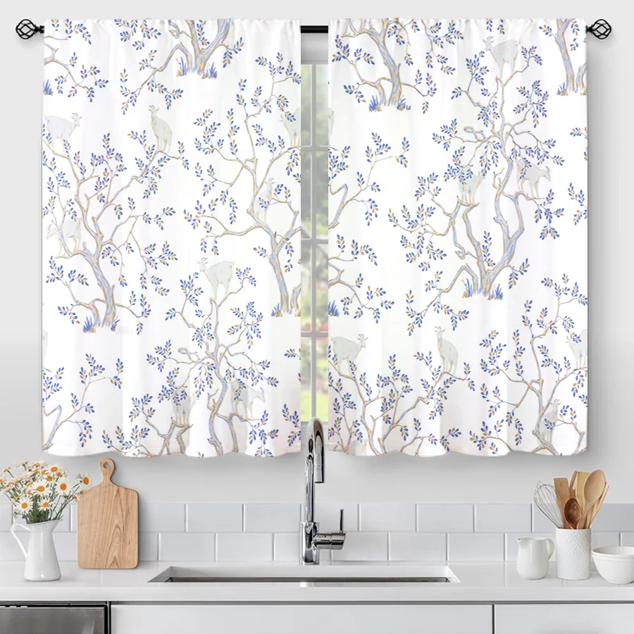 2PCS Blue Gold Deer Tree Print Curtains, Chinoiserie Branch Animal White Window Drapes for Bedroom Living Room Home Decor