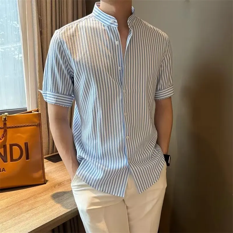 

Summer Simple Striped Half Sleeve Shirts for Men's Standing Collar Loose Casual Shirt Trendy Versatile Streetwear Men Clothing