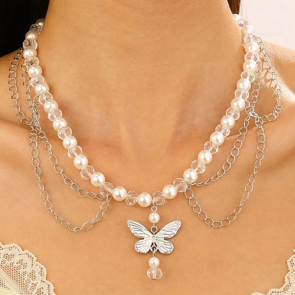 Butterfly Pendant Necklace Elegant Faux Pearl Pendant Necklace with Geometric Hollow Chain Tassel Detail Adjustable for Prom