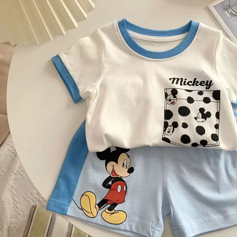 ديزني الأطفال مجموعة اللون حظر قصيرة الأكمام أعلى فضفاض الكرتون ميكي السراويل لينة القطن قطعتين مجموعة ملابس الفتيان الفتيات #3