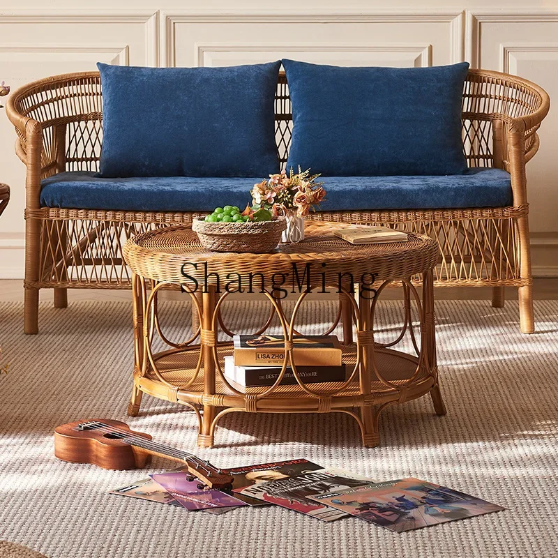 SM نبات الروطان طاولة شاي غرفة المعيشة شقة صغيرة الفن العتيقة جولة الروطان طاولة شاي صغيرة