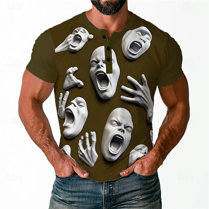 2026 New Halloween Men's Short-Sleeve Shirt Abstract Ghost Face Print Short-Sleeve Top Button-Down Shirt For Vacation Parties