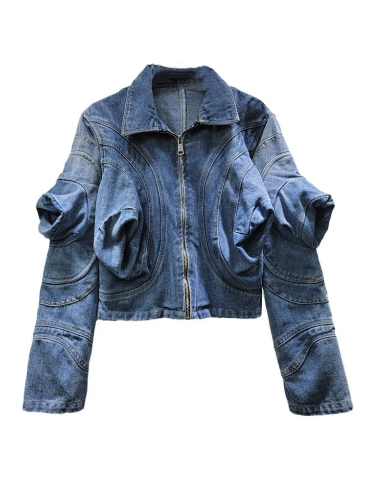 DEAT Trendy Womebn\'s 3D Puff Long Sleeves Design Denim Coat 2024 Autumn Fashion New Items Lapel Zipper Jacket Female 11A0645