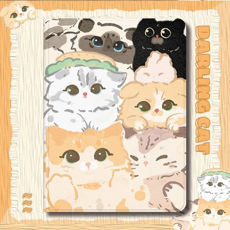 Cute Stacked Kitten Book Style IPad Case for IPad 11th 10th Air4/5 Air6 Pro Air7 11in 7/8/9th 10.2in Shockproof Protective Cover