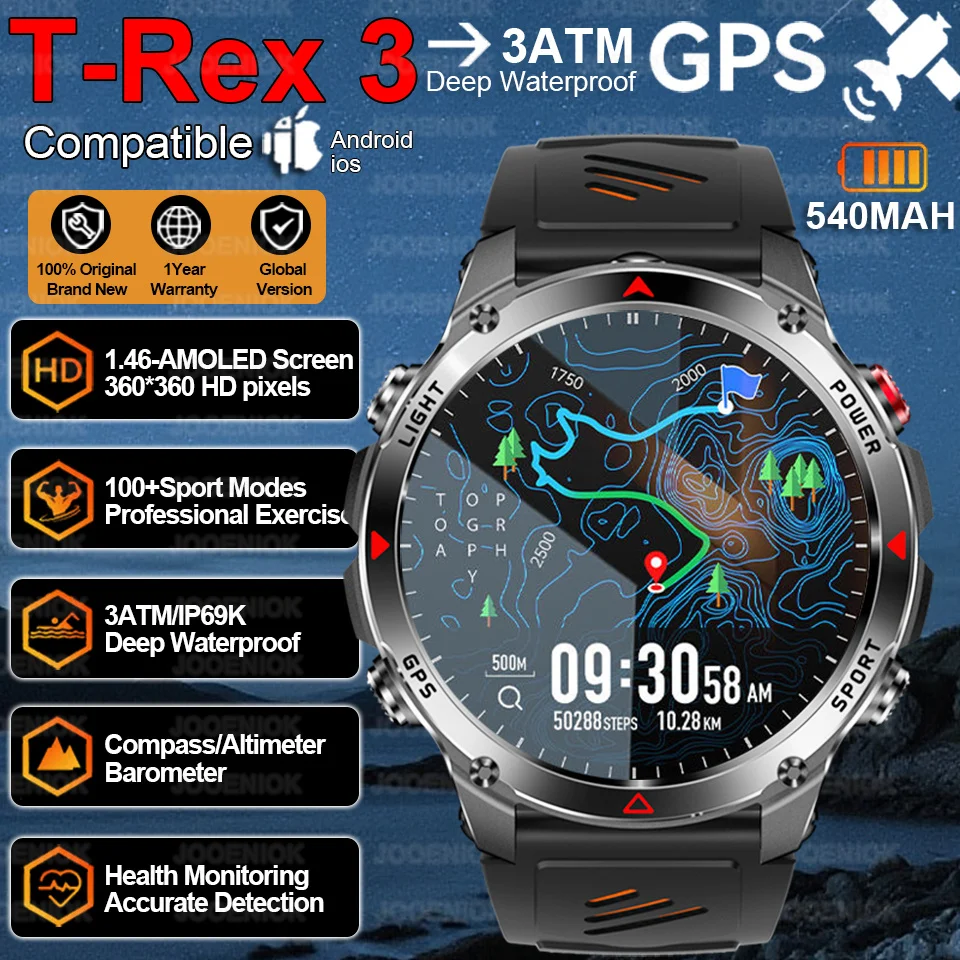 Military Smart Watch T-Rex 3 Bulit-in GPS Compass Altimeter Barometric 5ATM IP69K Waterproof AMOLED Bluetooth Call Smart watch