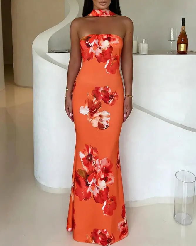 

Women's Dress Summer New Style Elegant Sexy Style Floral Print High Waist Slim Fit Hip Hugging Fish Tail Dress Banquet Dress