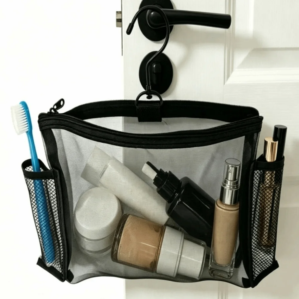 Mesh Cosmetic Bag Hanger with Hook Toiletry Organizer Case Zipper Closure Storage Organizer Storage Bag Travel