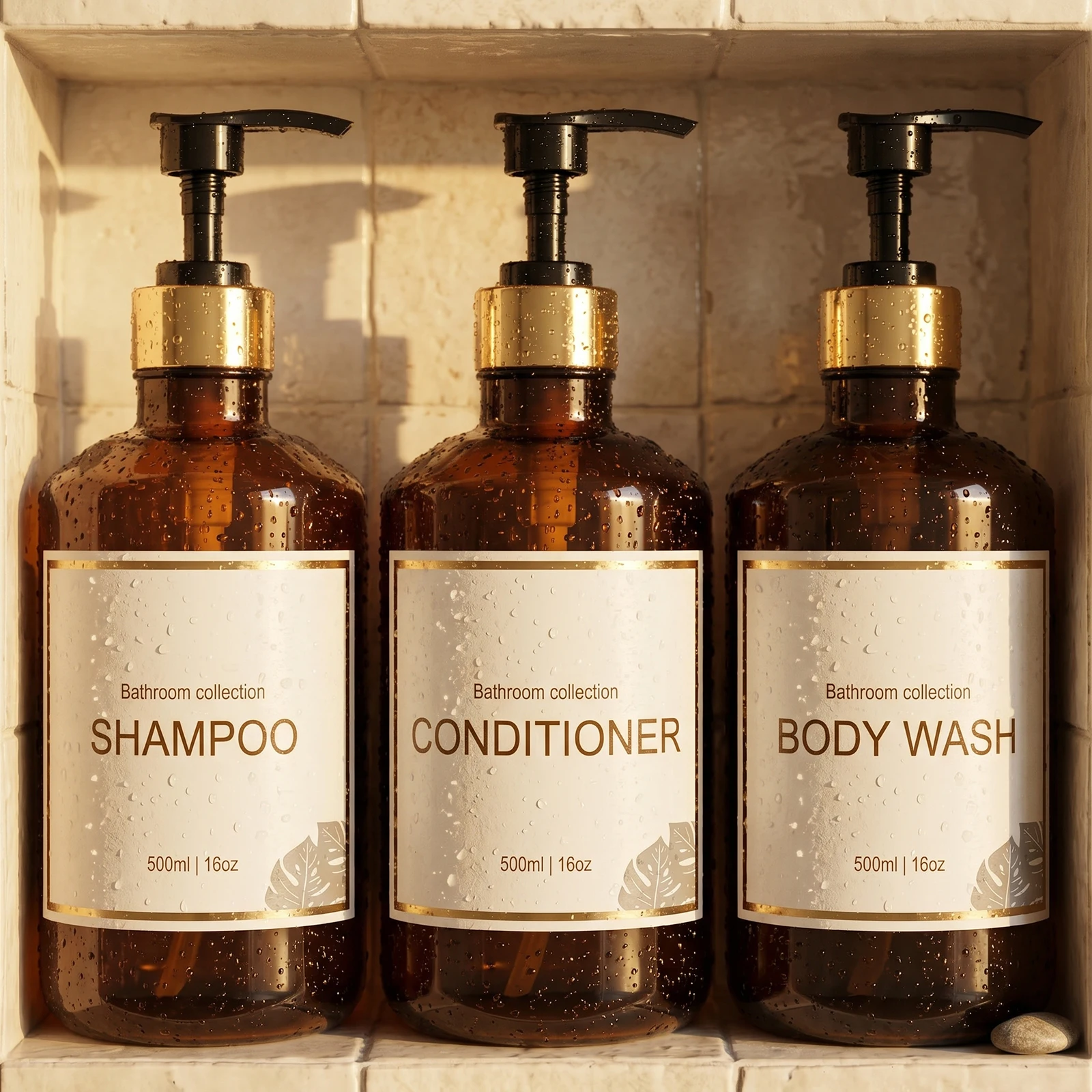 Shampoo and Conditioner Dispenser for Shower and Guest Bathroom Amber Plastic Refillable Pump Bottles for Shampoo Shower Gel view 5