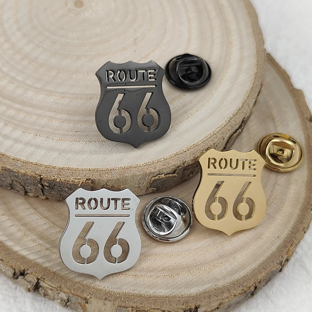 New Route 66 men's lapel pin, 316L stainless steel gold-plated badge, black brooch for suit accessories, gift for father