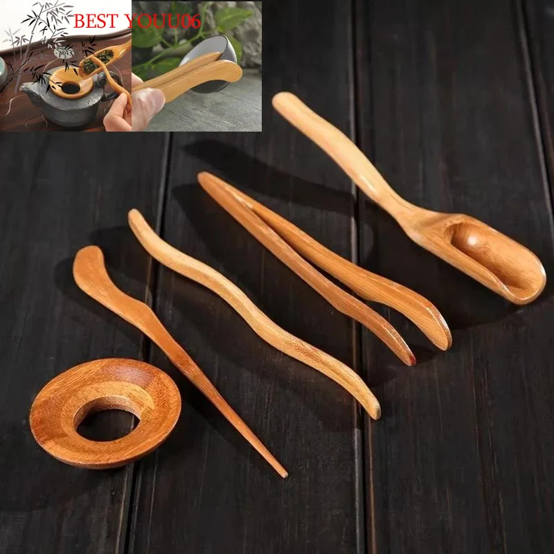 (YOUU06)5Pc Gongfu Tea Ceremony Utensil Set Bamboo Teaspoon Needle Tweezer Clips Strainer Tong Tube Teaware Ancient Art Tool