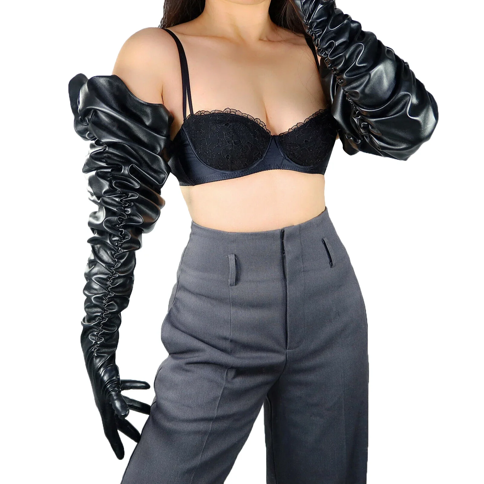 

DooWay Black Leather PUFF GLOVES Ruched Oversized Sleeve Faux PU 100cm Shoulder Long Halloween Cosplay Costume Unisex Glove