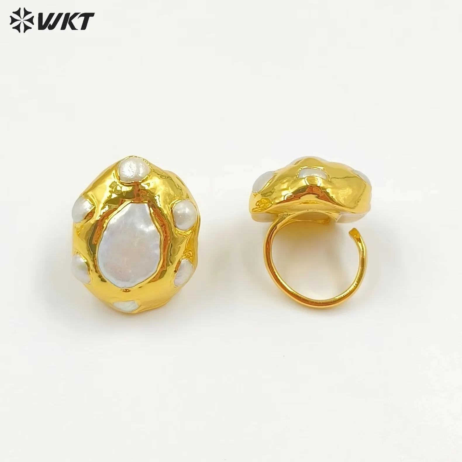 WT-MPR075 Exquisite Retro Natural Baroque Pearl 18k Gold Plated Big Rings For Unisex Cocktail Party Accessories