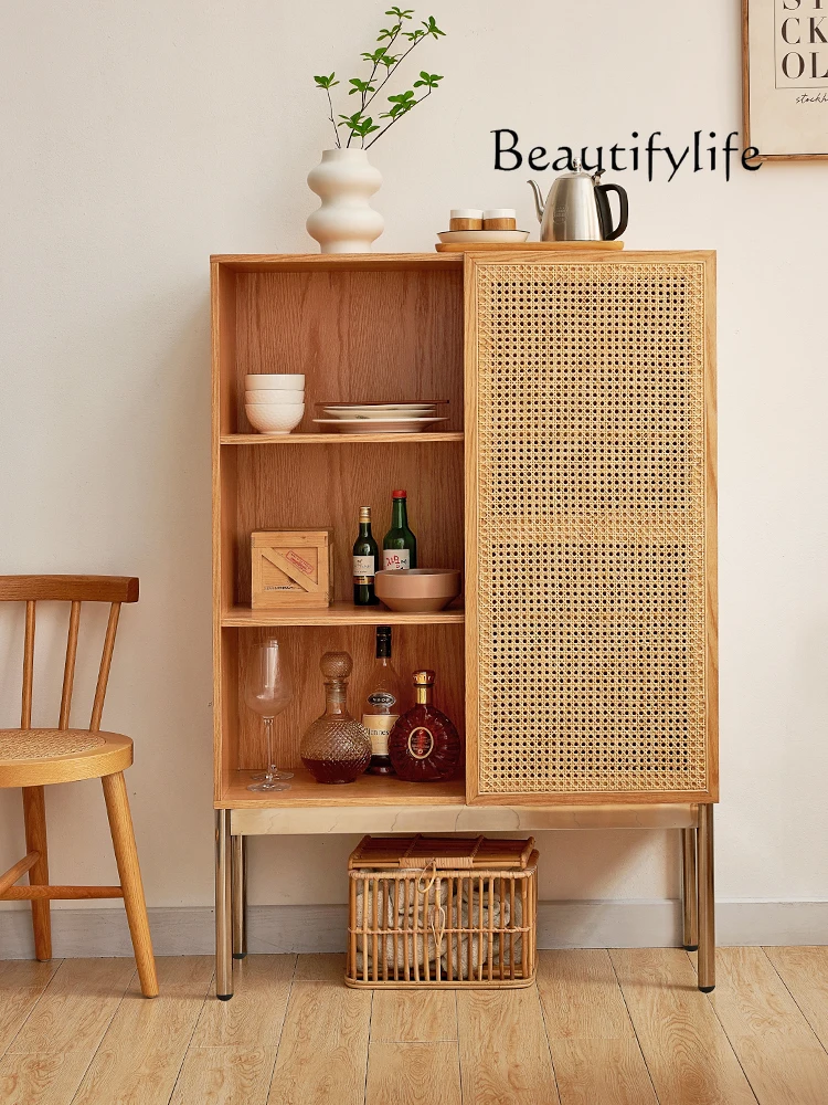 Solid Wood Sideboard Red Oak Stainless Steel Element Rattan Chest of Drawers Locker Nordic Home