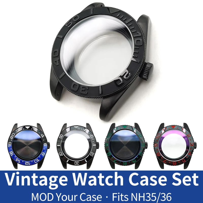 빈티지 시계 케이스 블랙 광택 브러시드 스틸 시계 케이스 MOD 시계 부품 SKX NH35 NH36 4r36 4r35 교체 시계 부품