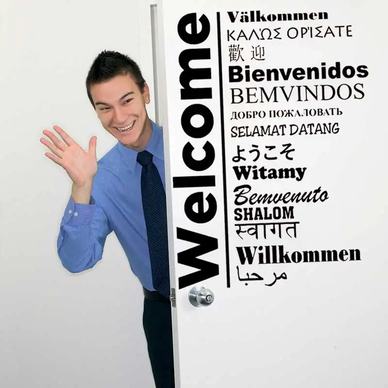 Welcome sign vinyl wall stickers in multiple languages to greet customers Art decal murals at the entrance of the office lobby