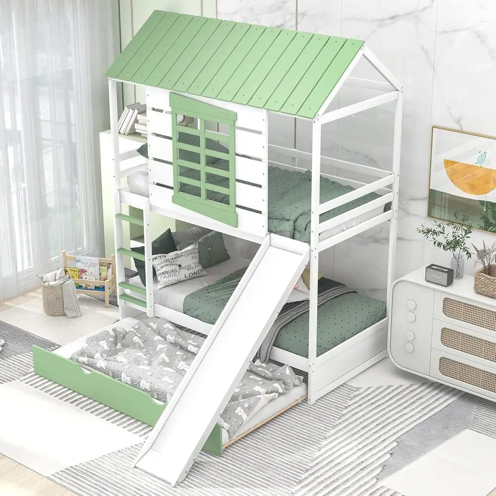 

Twin Over Twin Bunk Bed with Slide, Solid Wood, Trundle & Windows, Space-Saving, White and Green