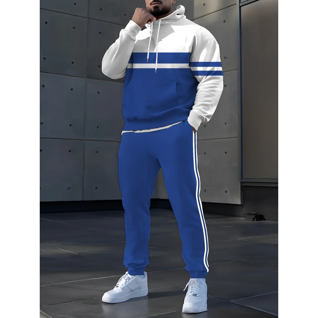 New Simple Men Hoodie and Sweatpants Set Strip Pattern Men Hoodie Casual Outdoor Sportswear Quick Drying and Breathable Clothing