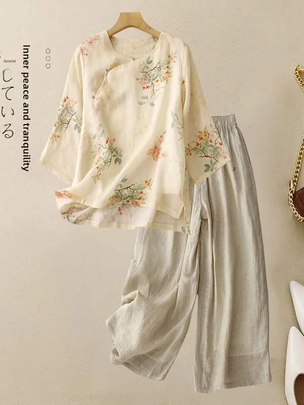 Ensemble tendance nationale Hanfu chinois pour femmes, haut imprimé en coton et lin amélioré, pantalon décontracté à jambes larges, ensemble deux pièces, nouvelle collection