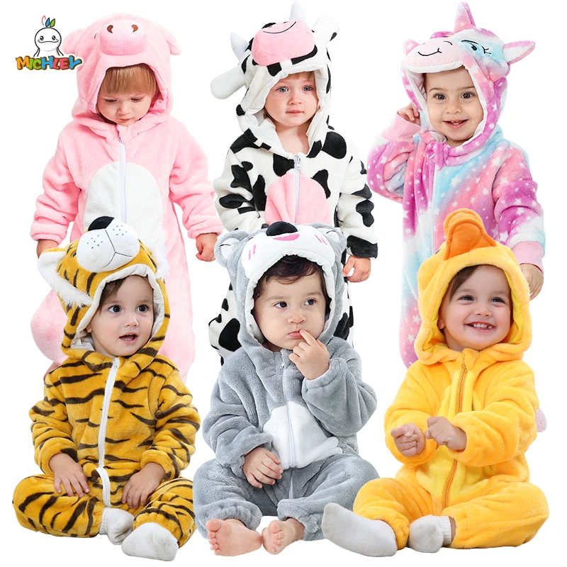 MICHLEY Halloween Costume Infant Baby Clothes Rompers Winter Flannel Hooded Bodysuits Pajamas Animals Overall Jumpsuit For Bebe