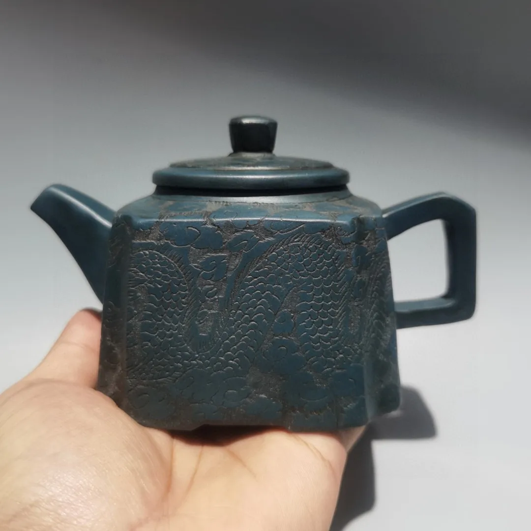 Yixing Purple clay pot Pottery Raw ore green mud Dragon and Phoenix Pattern Four sided teapot Teapot Pot Tea Maker Amass wealth