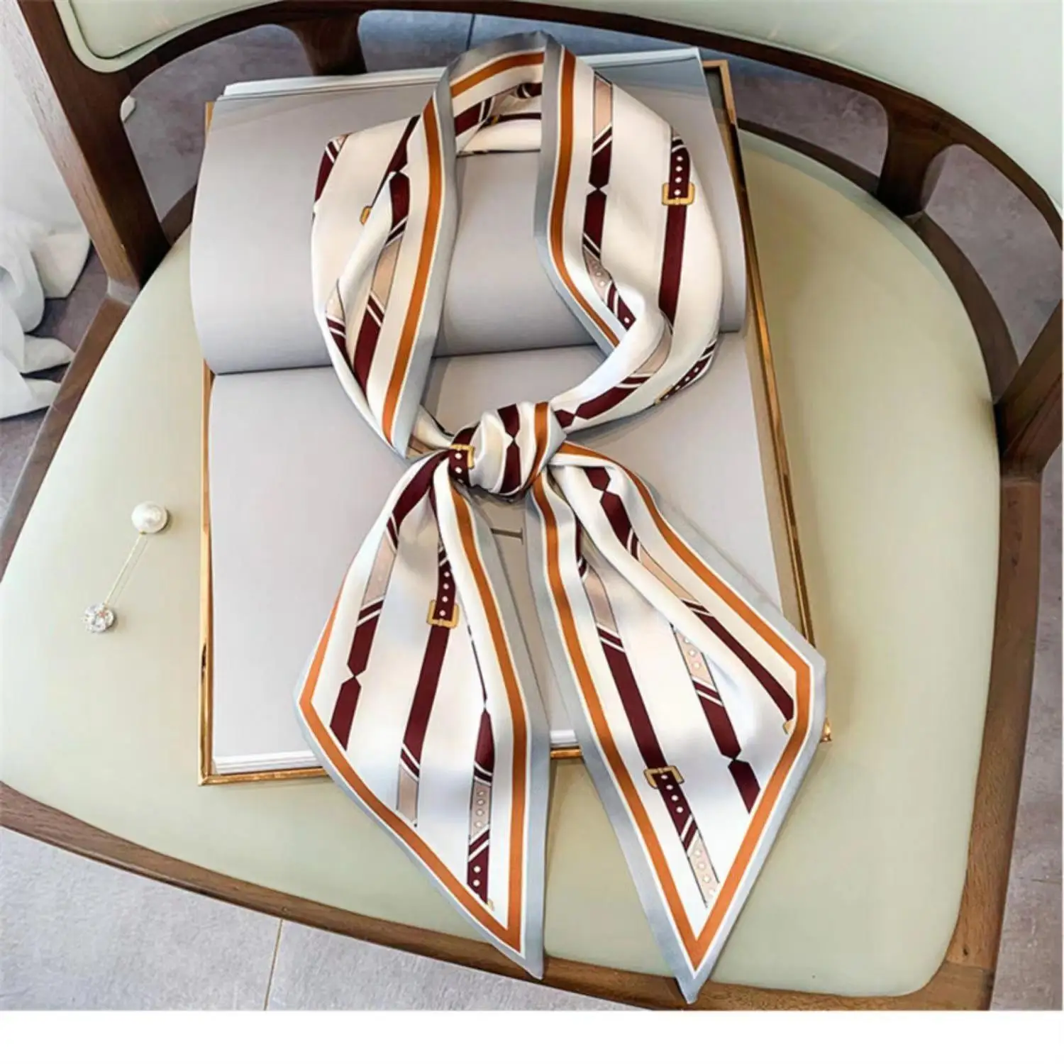 Luxury Belt Print Long Silk Scarf For Women Soft Neck Scarf Shawl Elegant Neckerchief Bandanas Paisley Print Hijab Bag Ribbon