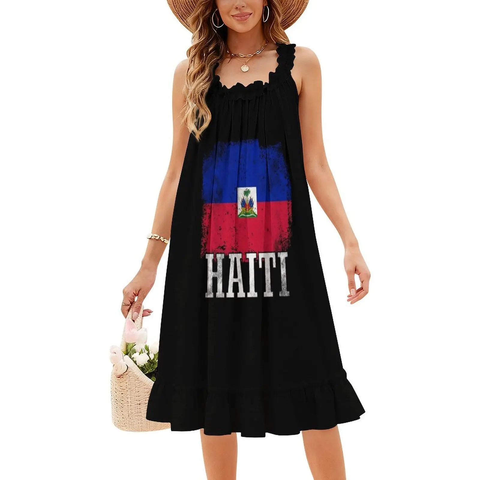 Casamentos haitianos Haiti Bandeira Floral Vestido Smock Para As Mulheres Primavera Verão Vestido Casual Para Festa Haitiano Amor Haiti Haiti Haiti