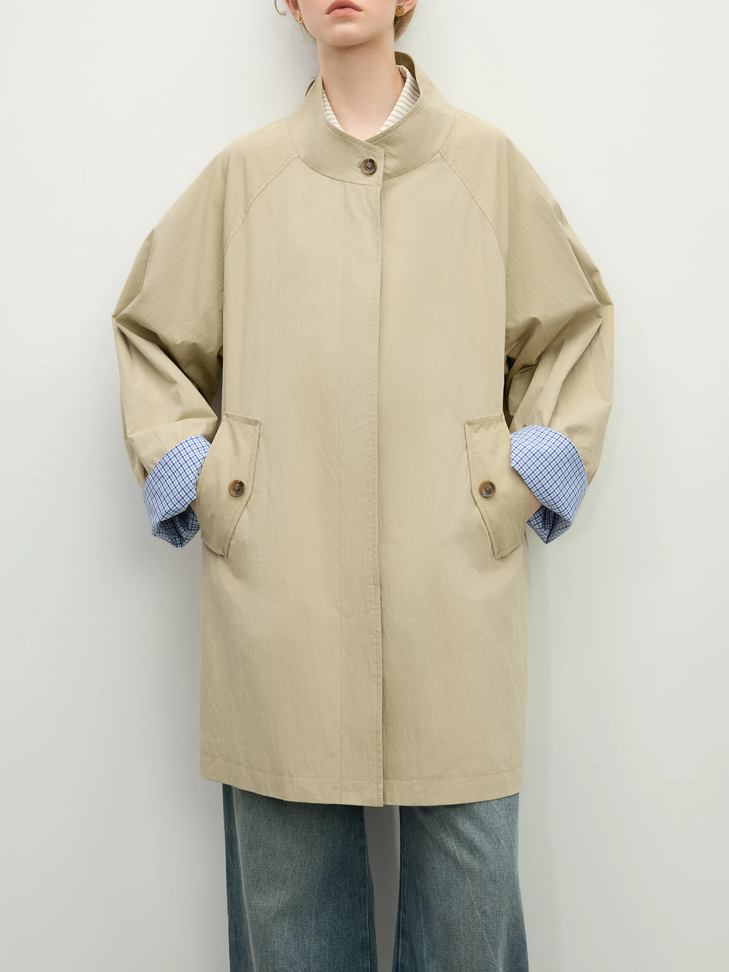 FSLE Loose Khaki Trench Coat for Women 2025 Spring New Design Stand Collar All-match Casual Coat Female Long Jacket 25FS11169