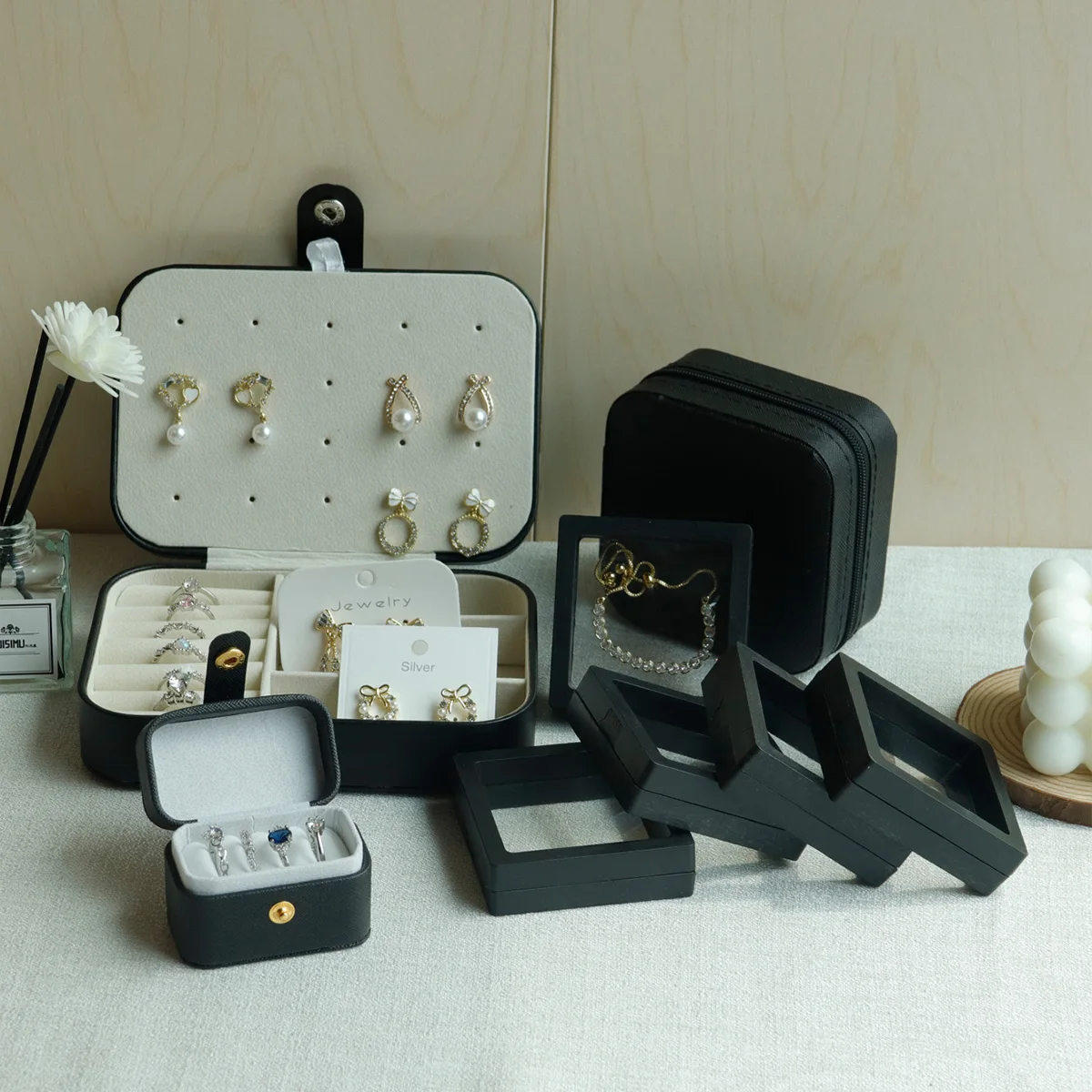 

Black PU Jewelry Box Ring Earring Holder Pendant Necklace Container Jewelry Storage Box Jewelry Display Stand