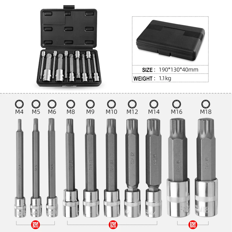 10 PCS Of 12-Point Batch Head Socket M4~M18 Quick Wrench Plum Blossom Screwdriver Star-Shaped Nozzle Tool Key