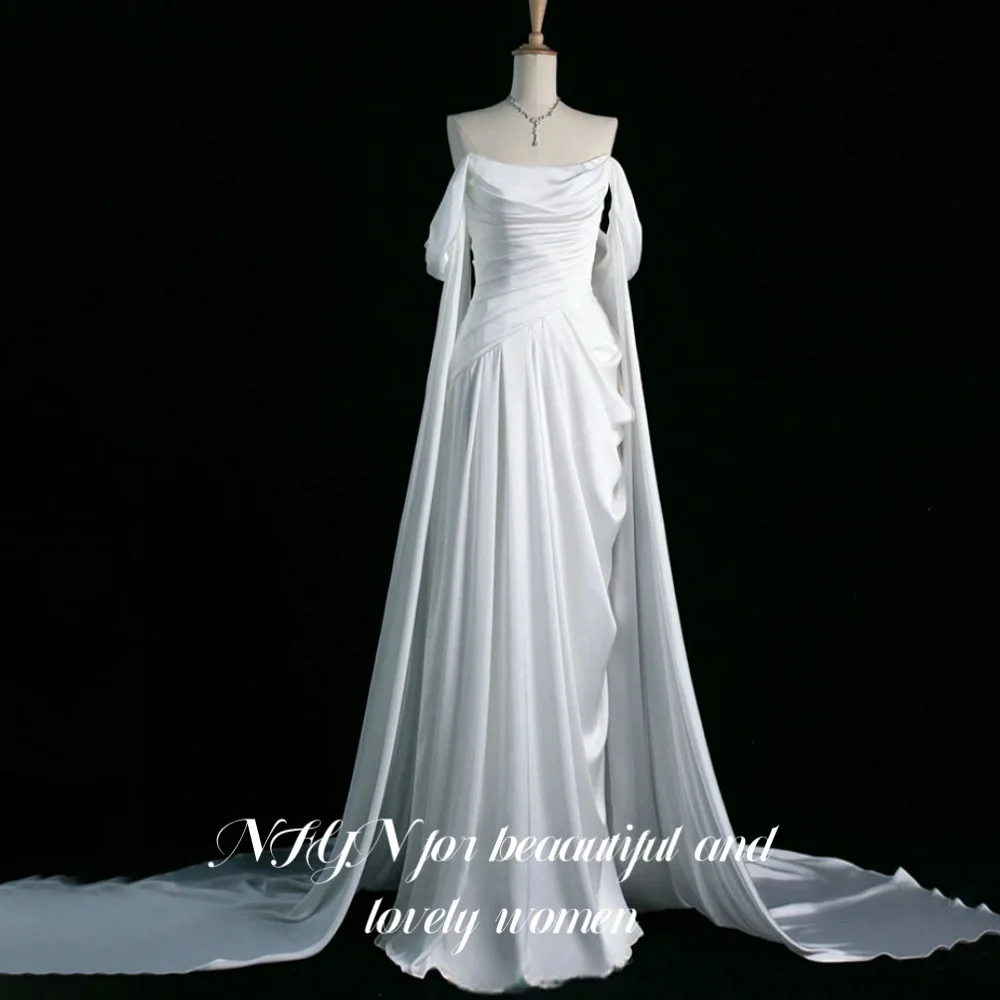 

NFYN White Elegant Formal Gown with Pleats Satin Prom Dresses Off the Shoulder Mermaid Evening Dresses robe de bal Customized