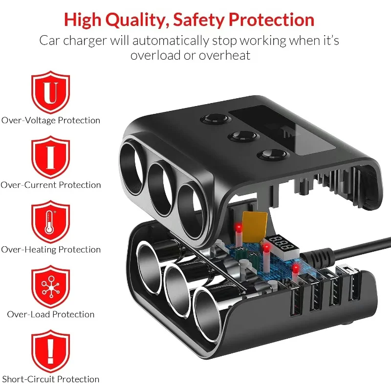 9 in 1 Cigarette Lighter Adapter, Car Charger Adapter with Independent Switches and LED Voltage Display for All Car Devices