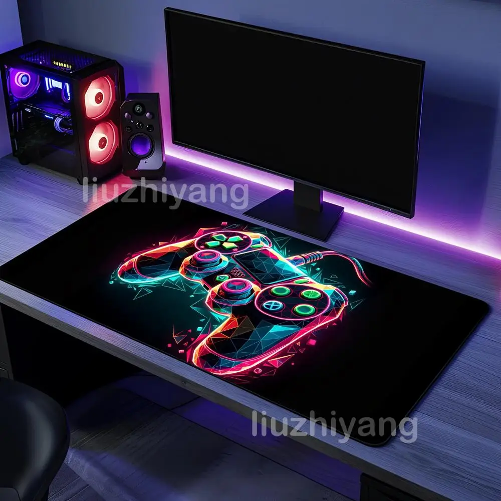 

Neon Gamepad Black Mouse Pad Large Computer Office Game Table Mat XXL Rubber Non-slip Stitched Edge Keyboard Mats Long Desk Pads