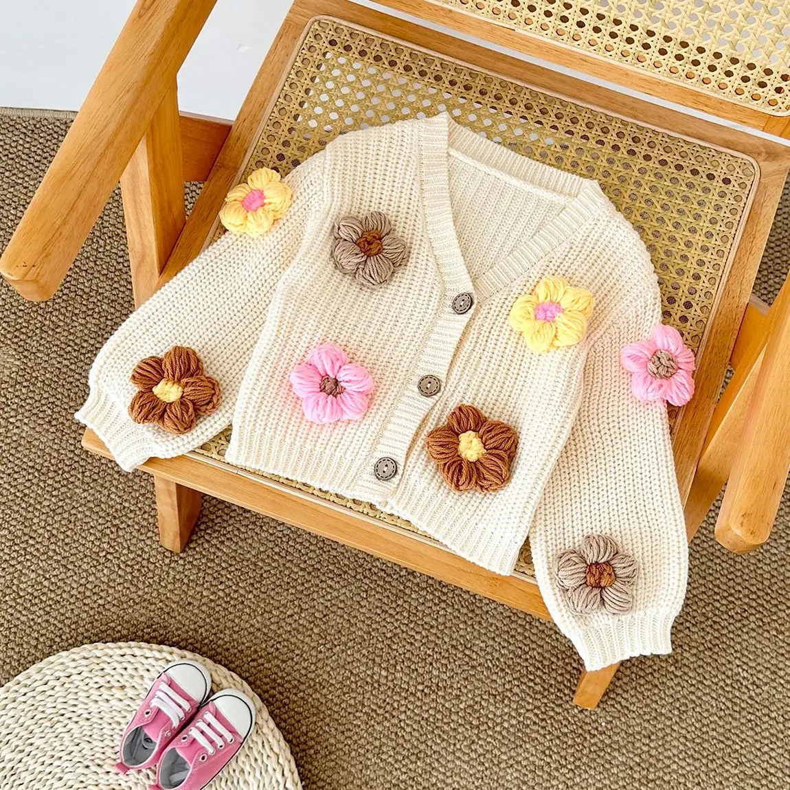 2024 Girls Baby Sweaters Autumn Winter Baby Top Loose Cardigan Coat 3D Flower Handmade Korean Newborn Baby Clothes 0-3Y