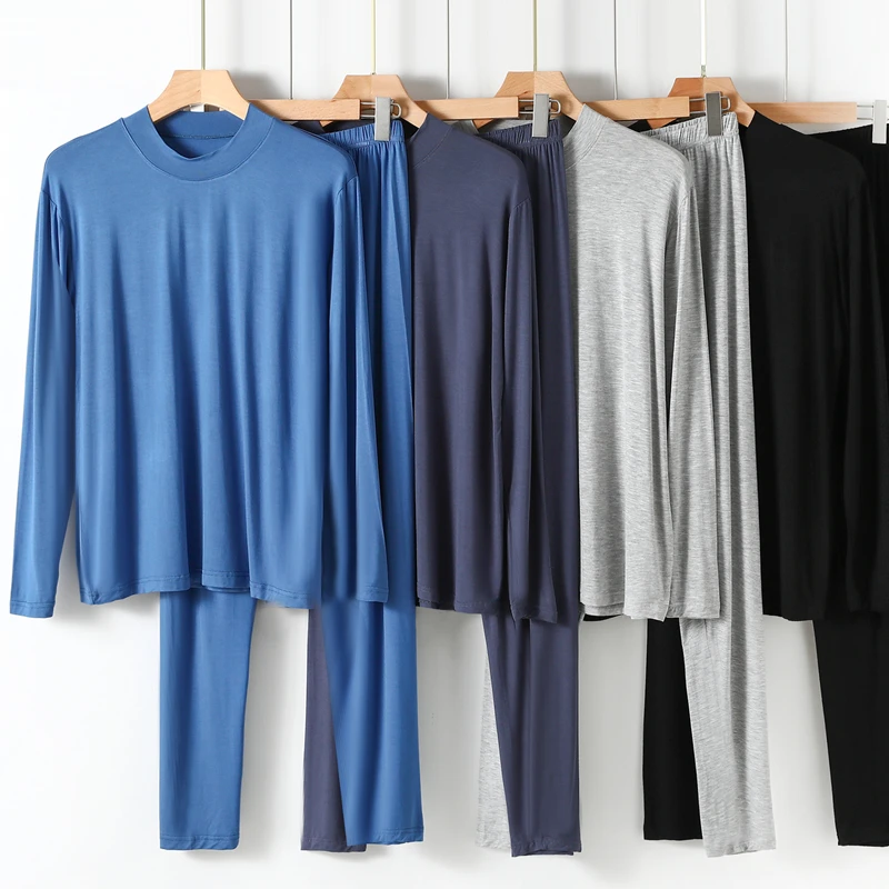 Men's Modal Cotton Thermal Underwear Set Slim Fit round Neck Thin Pure Color Warmth Pants And Shirt Autumn Winter Clothing