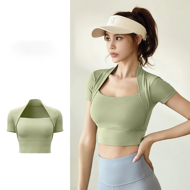 High elastic nude shawl yoga wear women's quick-drying all-in-one bra yoga short sleeve outdoor sports fitness clothes image 4