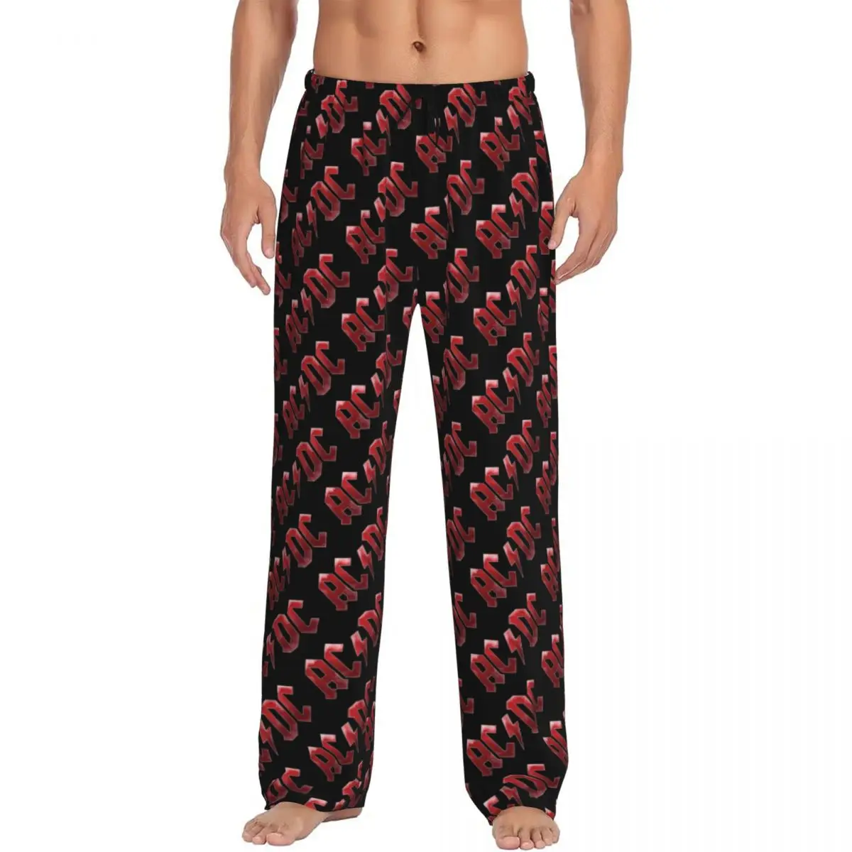 Custom Red AC DC Logo Pajama Pants for Men Heavy Metal Band Music Lounge Sleep Stretch Sleepwear Bottoms with Pockets