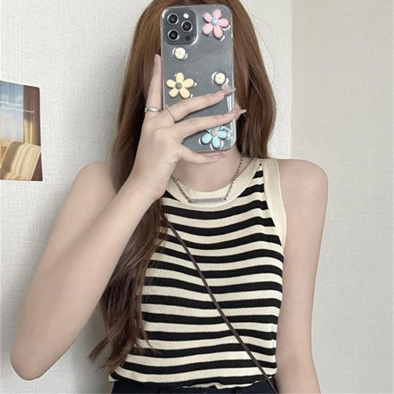 Summer Korean Stripe Knitted Tank Top Women Round Neck Sleeveless Slim Camisole