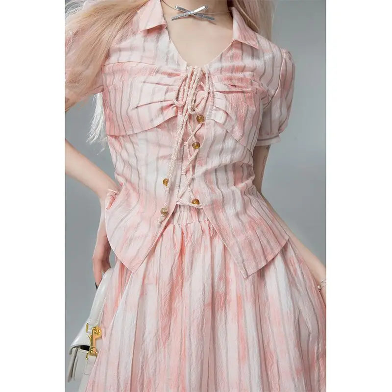 Korea Summer Pink Midi Elegant Shirt Skirt Women Ruffles V Neck Lantern Sleeve Fashionable Korean Drama Heroine Girl Group