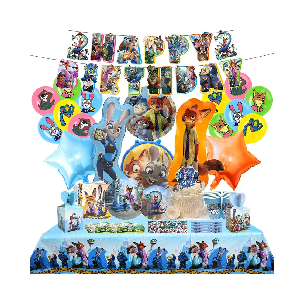 Dekoracje na przyjęcie urodzinowe w stylu Zootopia, artykuły imprezowe, lateksowe balony, baner w tle, balony foliowe, jednorazowa zastawa stołowa — 2