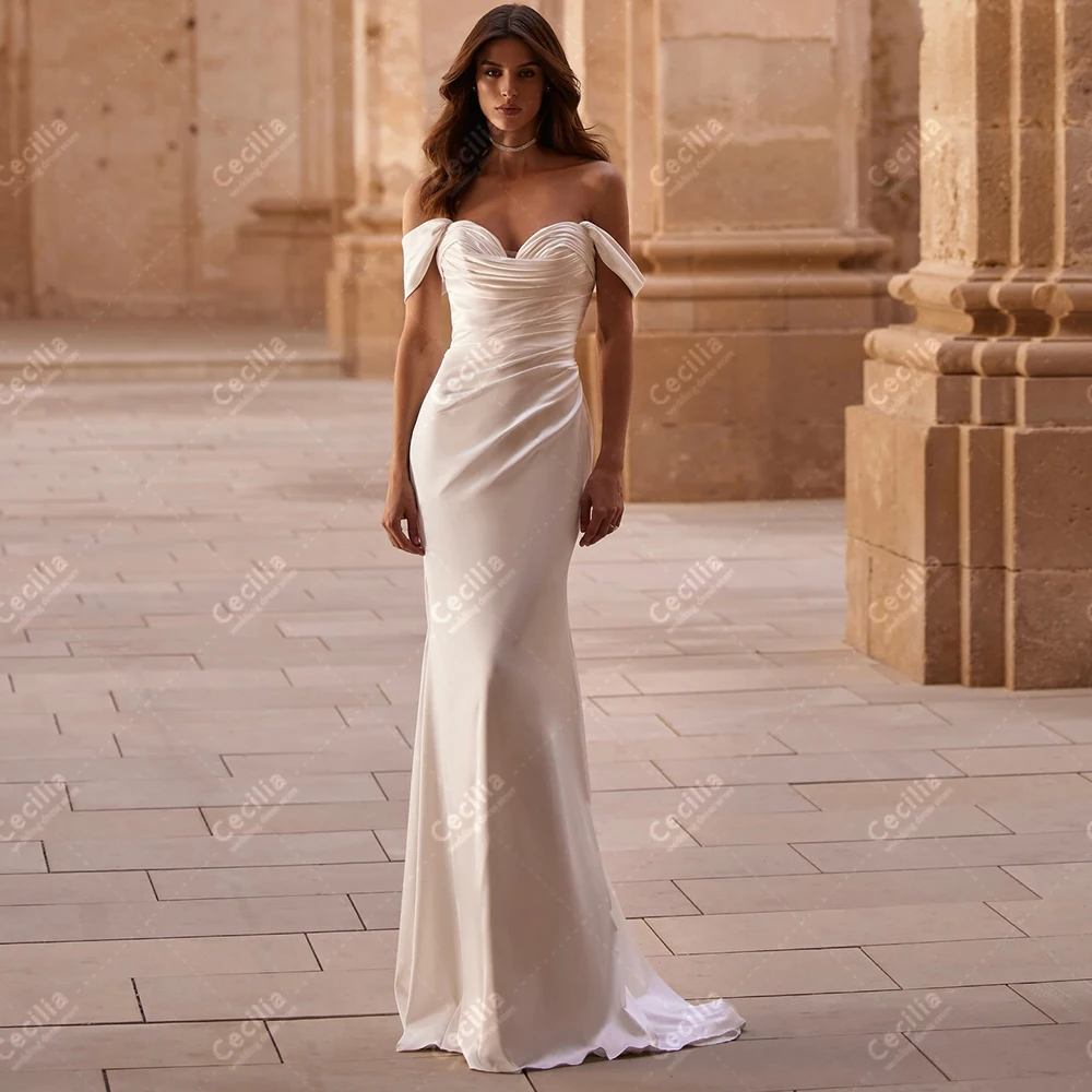 Eleganckie Suknie Ślubne Satynowe Suknie Ślubne Odkryte Ramiona Sukienki Dekolt w Serek Bez Pleców Proste Personalizowane Vestidos De Novia 2025