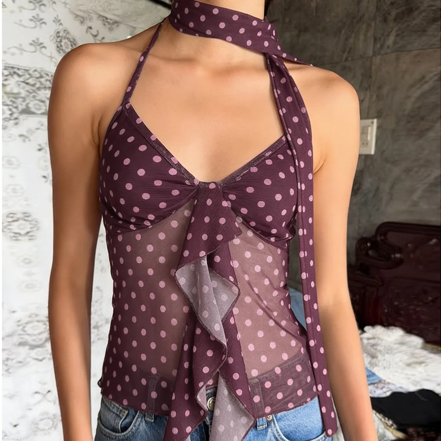 

Retro Polka Dot Fungus Edge Hanging Neck Strap Tank Top Mesh Mesh Splicing Scarf Sleeveless Top