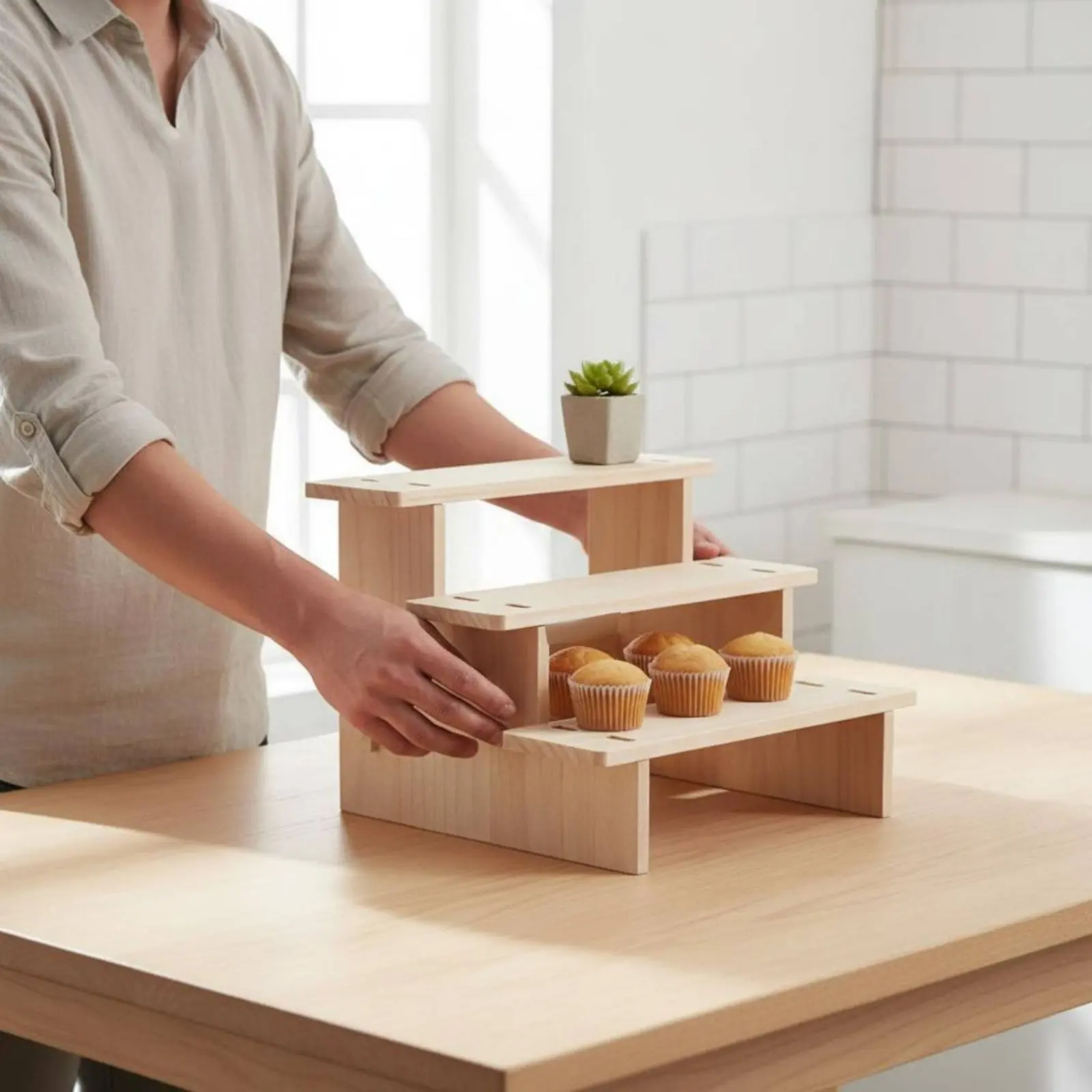 Four-Tier Wood Display Stand Multi-Functional Figurine Collection Shelf Wooden Display Riser Tiered Design Pastry Dessert Stand view 5