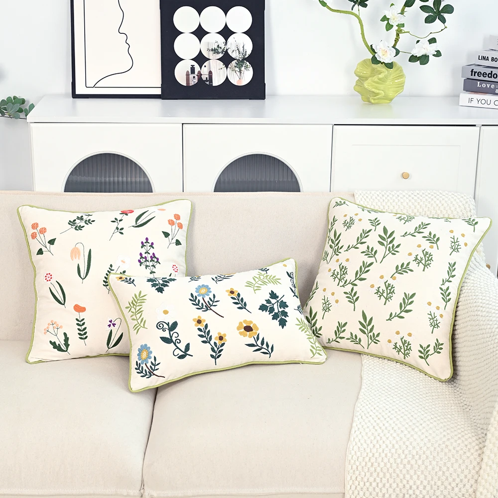 BUYNOW Flowers Plants Flat Embroidered Pillowcase Korean-style Pastoral Fresh Living Room Sofa Cushion Cover Home Bedroom Decor