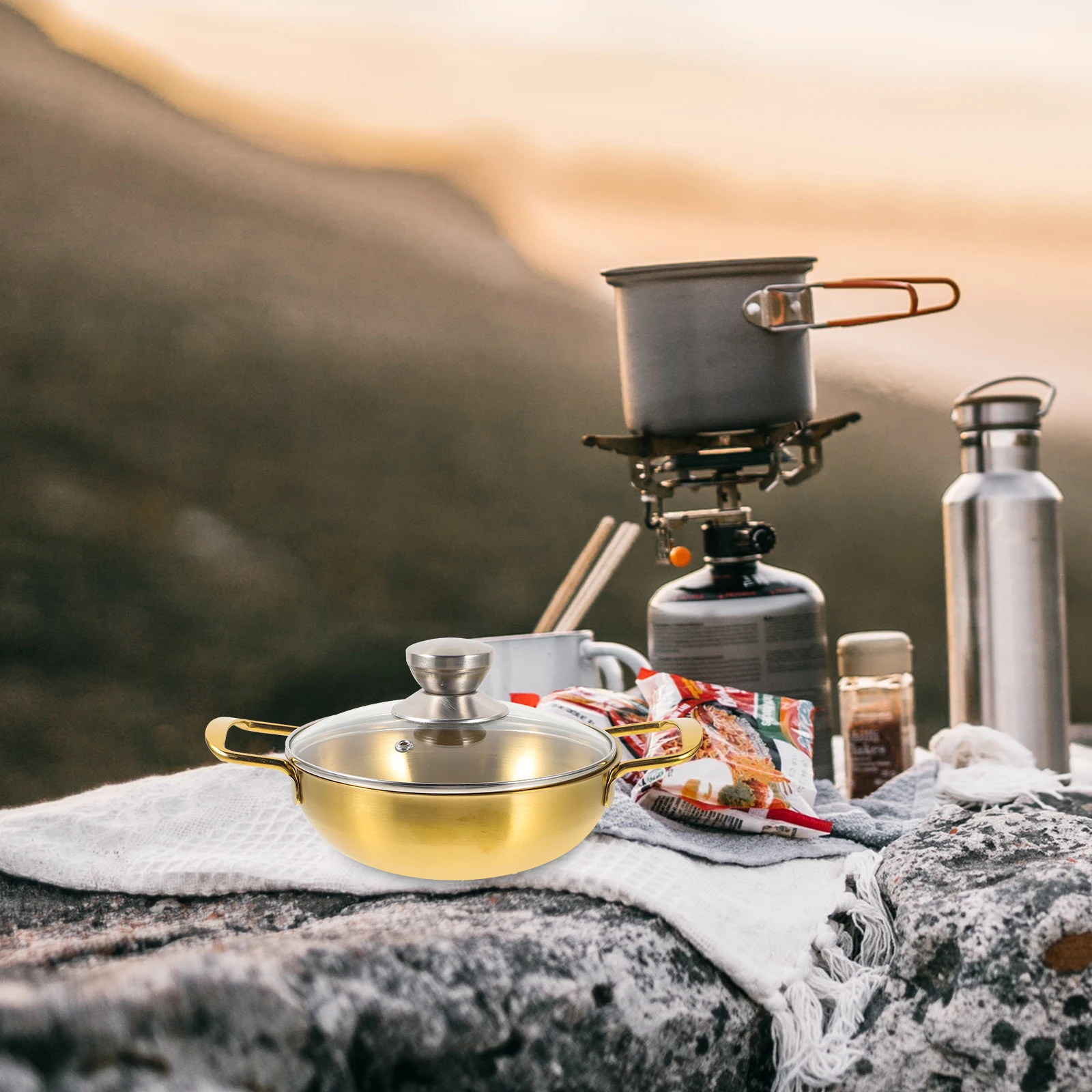 

Stainless Steel Cooking Pot Outdoor Hotpot Double Handle Anti-Scald Portable Stovetop Small Golden Camping Stock for Home