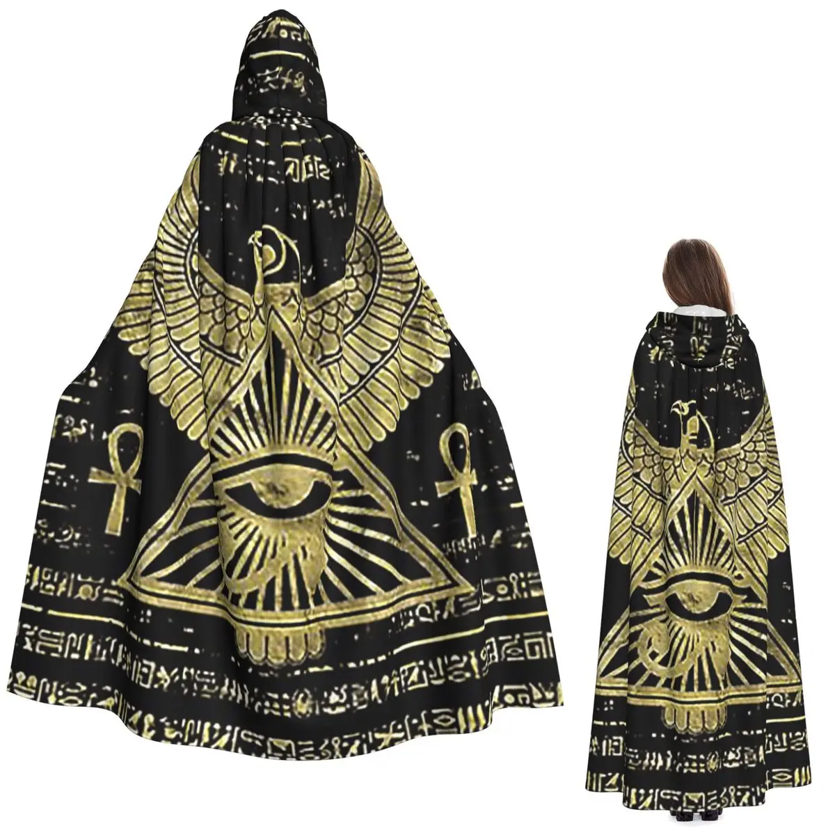 عين حورس المصرية Wadjet الذهب والأسود عباءة طويلة مقنعين الساحرة القرون الوسطى زي تأثيري كيب هالوين معطف الكبار للجنسين