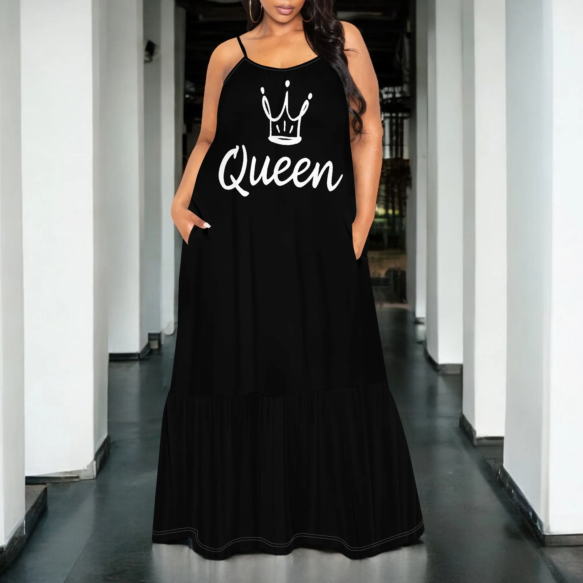 

Queen Letter Print Maxi Dress for Women S-3XL Sleeveless Summer Lounge Dress with Pockets Afro Style